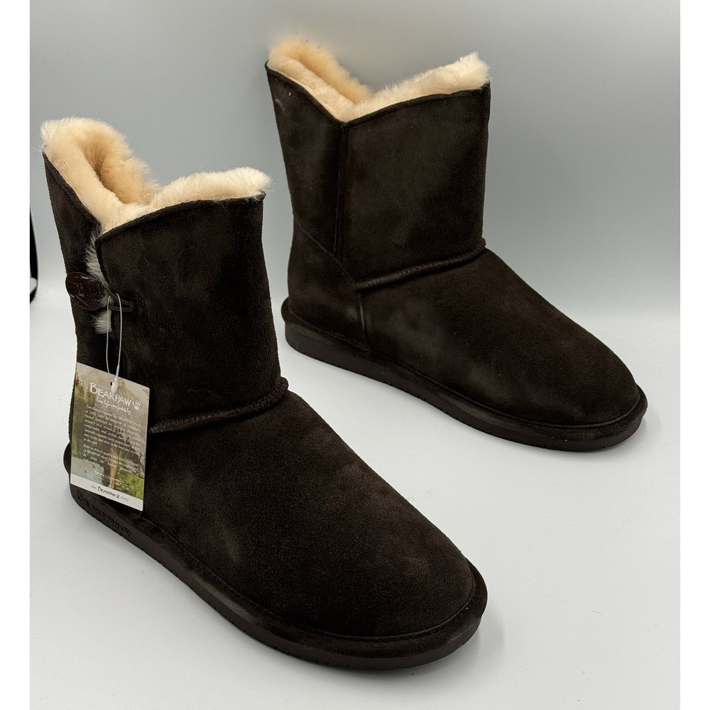 Bearpaw Rosie Boots Women 10M Chocolate Brown Suede Ankle Shearling Lined NIB